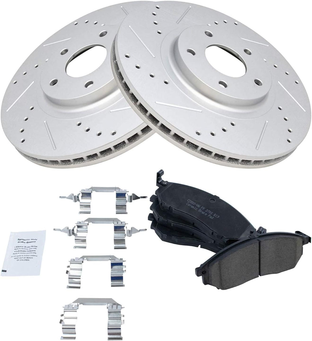 TRQ Performance Front Brake Pad and Rotor Set Ceramic G Coated Drilled Compatible with 08-19 Infiniti EX35 11-13 G25 M37 14-19 Q70 15-19 Q70L 14-17 QX70 09-19 Nissan 370Z 11-14 Murano