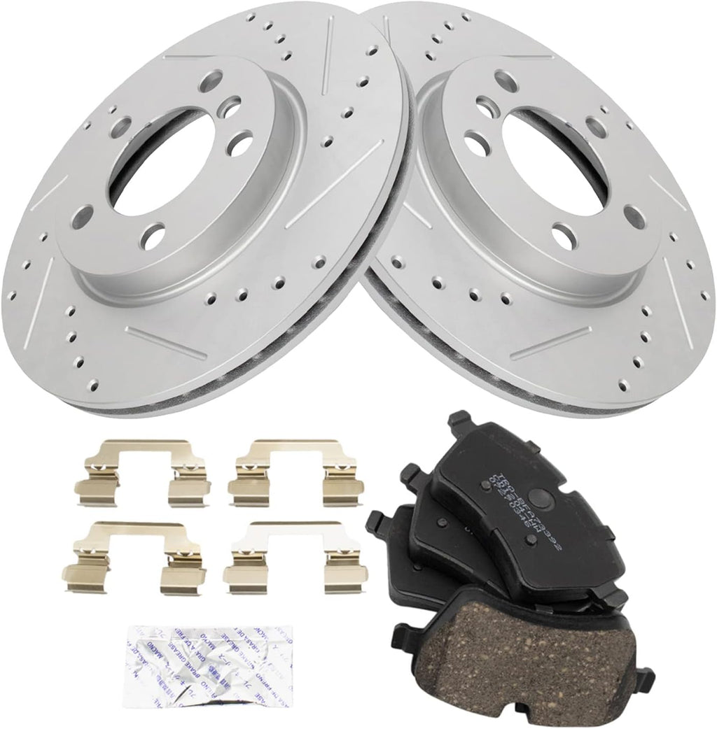 TRQ Performance Front Brake Pad and Rotor Set Ceramic G Coated Drilled Slotted Rotors Compatible with 2011-2016 Mini Cooper Countryman 2013-2016 Cooper Paceman