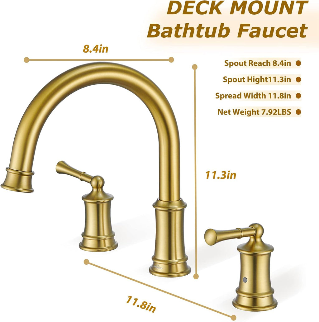 Brushed Gold Roman Tub Faucet, Antique Bathtub Faucet Set 3 Hole, High Flow Bath Tub Faucet 12-16 inch Widespread, Solid Brass Tub Filler 2 Handle 360° Swivel Spout Rough-in Valve(B2307-BG)