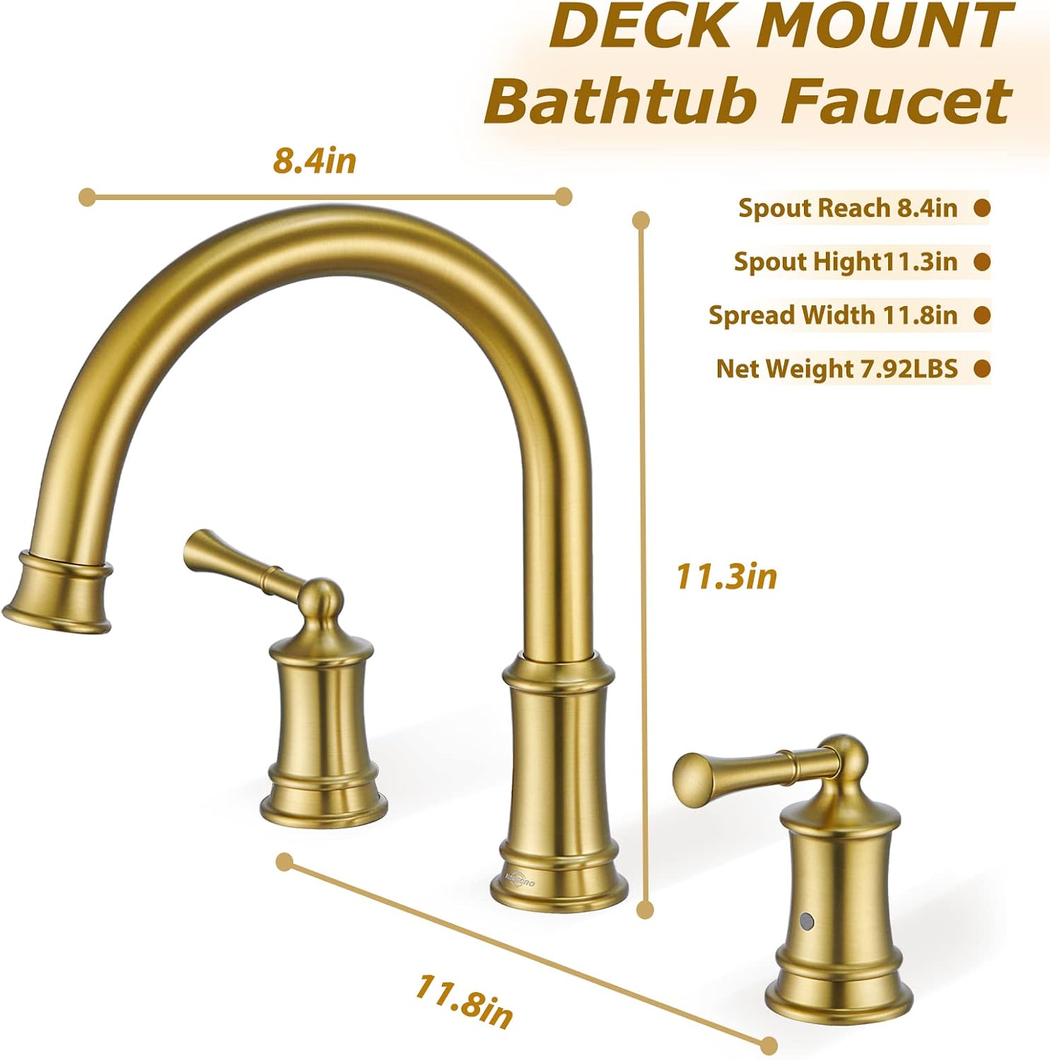 Brushed Gold Roman Tub Faucet, Antique Bathtub Faucet Set 3 Hole, High Flow Bath Tub Faucet 12-16 inch Widespread, Solid Brass Tub Filler 2 Handle 360° Swivel Spout Rough-in Valve(B2307-BG)