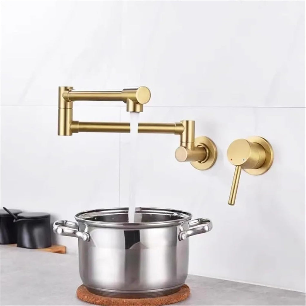 Foldable Pot Filler Tap Wall Mounted Kitchen Faucet Hot and Cold Black Sink Tap Rotate Folding Spout Brass(Brushed Gold)