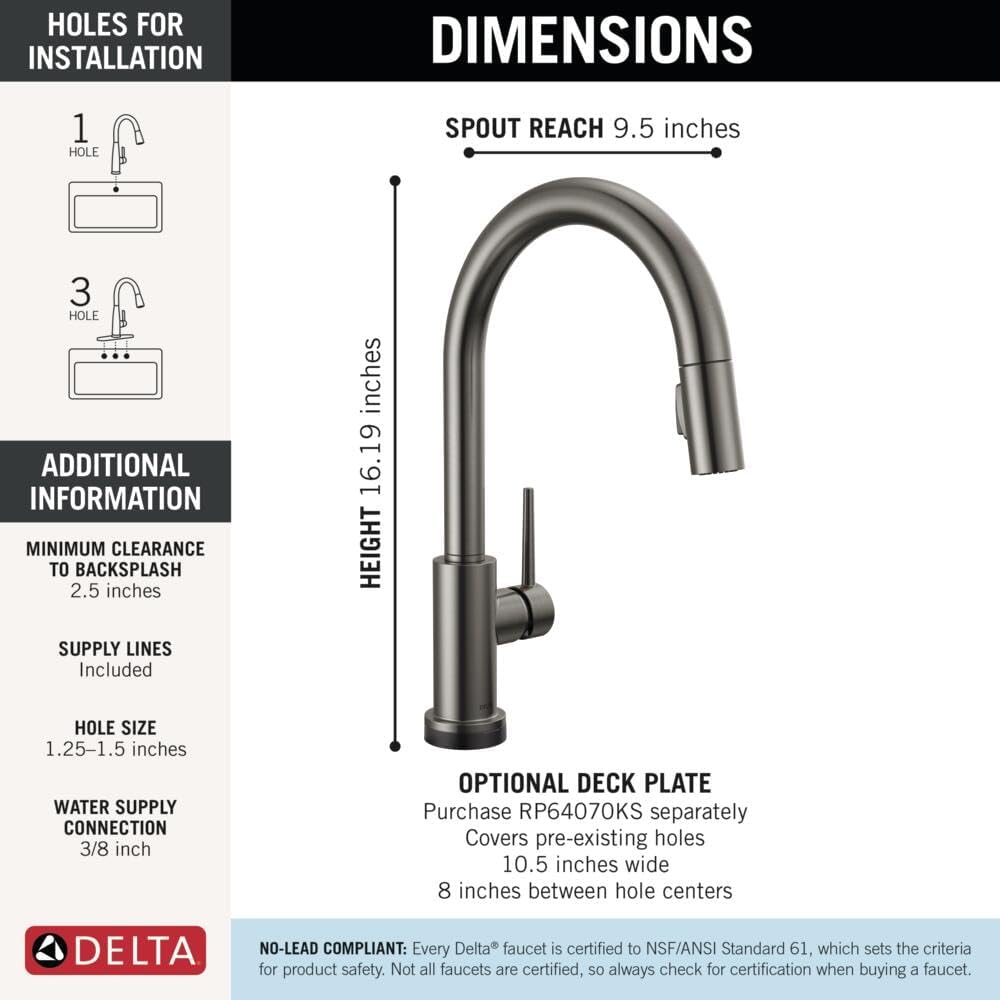 Delta Trinsic Touchless Kitchen Faucet with Touch Technology, Black Stainless Kitchen Sink Faucet with Pull Down Sprayer, Single Hole, Black Stainless 9159TL-KS-DST