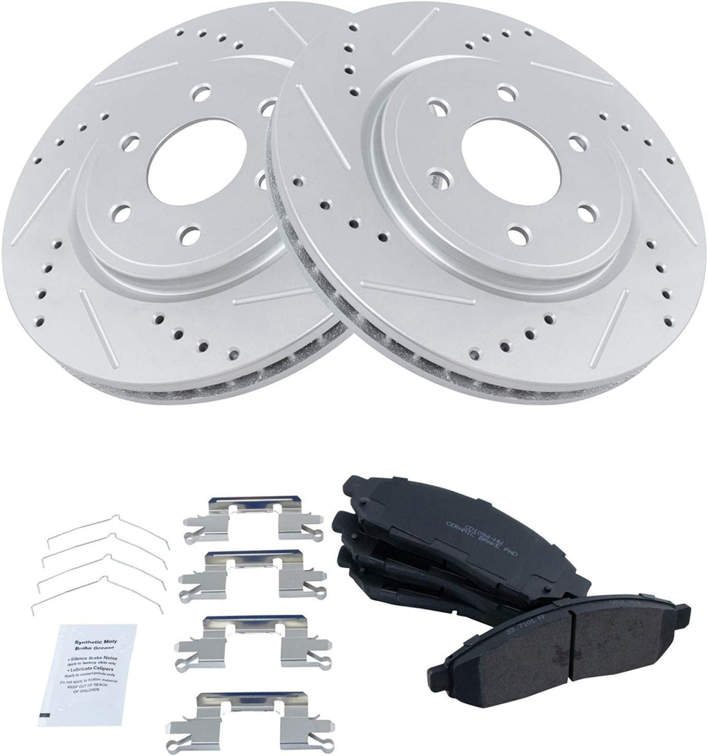 TRQ Performance Front Brake Pad and Rotor Set Ceramic Drilled Slotted Coated Vented Rotors Compatible with 2005-2021 Nissan Frontier 2005-2012 Pathfinder 2005-2015 Xterra 2009-2012 Suzuki Equator