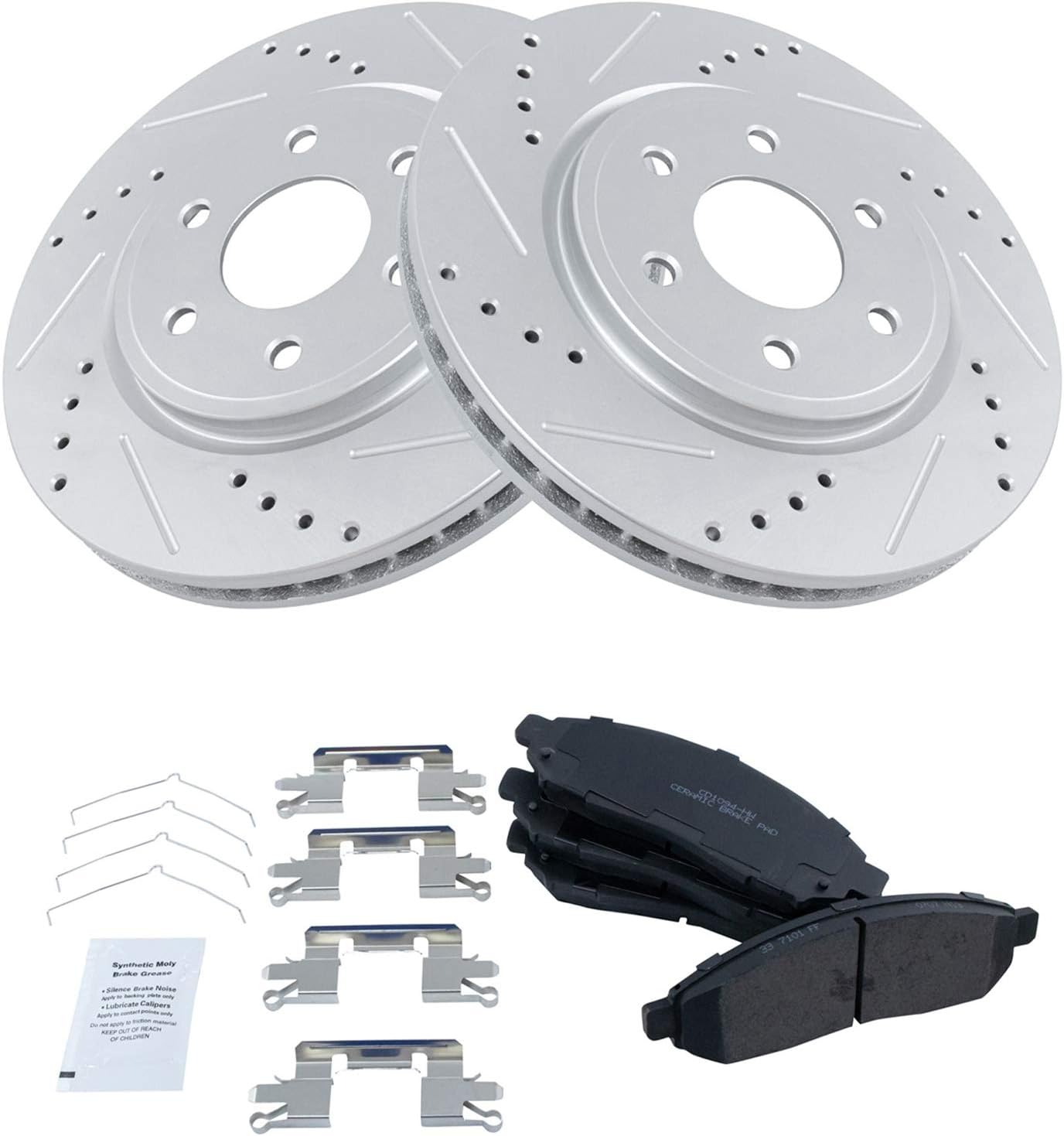 TRQ Performance Front Brake Pad and Rotor Set Ceramic Drilled Slotted Coated Vented Rotors Compatible with 2005-2021 Nissan Frontier 2005-2012 Pathfinder 2005-2015 Xterra 2009-2012 Suzuki Equator