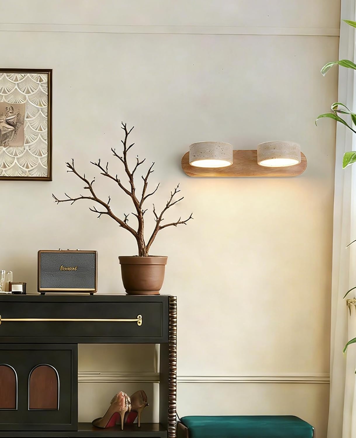Natural Wood Vanity Light, 12.6 Inches Wabi Sabi Travertine Wall Sconce with 360° Rotatable Natural Stone Lampshade and Wooden Base Nordic Style Farmhouse Vanity Lights for Bathroom (2 Lights)