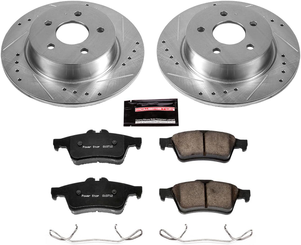 PowerStop Rear Brake Kit for Ford C-Max 2013-18 |Escape 2013-16 |Transit Connect 2014-18 - Drilled and Slotted Disc Rotors with Carbon-Fiber Ceramic Brake Pads Replacement, K6398