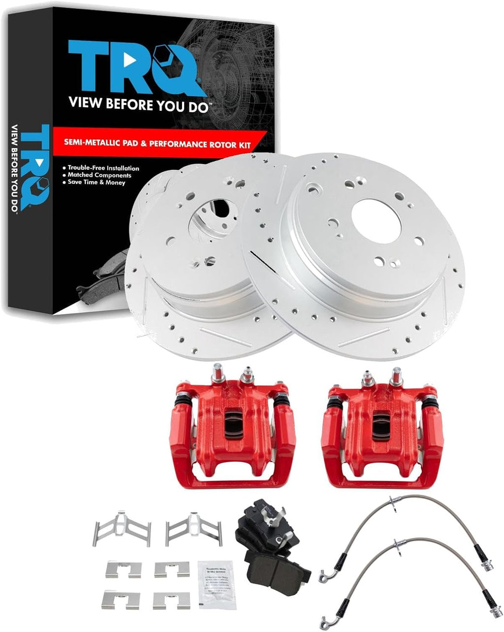 TRQ Performance Rear Brake Pad and Rotor Set Semi Metallic Coated Rotors Calipers Compatible with 2007-2011 Honda CR-V