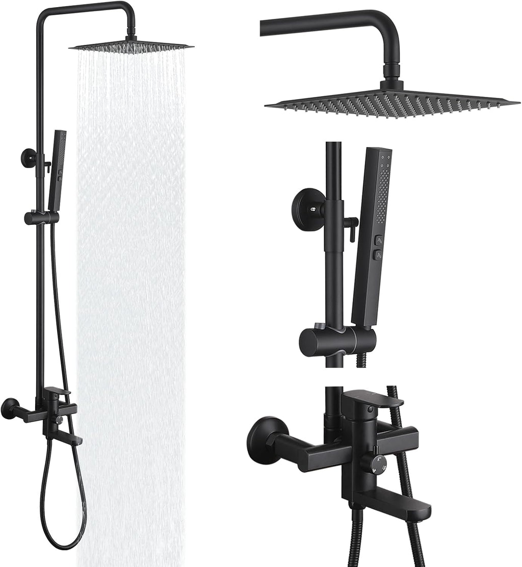 Exposed Shower System 10' Matte Black Rainfall Shower Head with 2 Modes Handheld and Tub Faucet Set, Square Shower Head 3 Functions Outdoor Shower Fixtures with Brass Valve, Height Adjustable