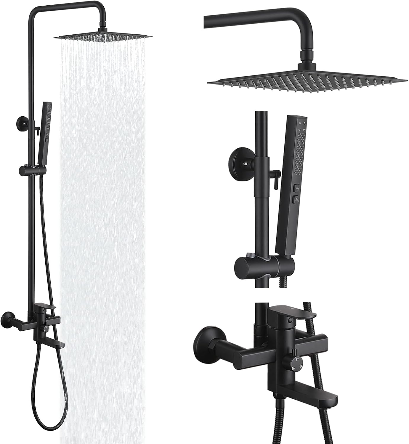 Exposed Shower System 10' Matte Black Rainfall Shower Head with 2 Modes Handheld and Tub Faucet Set, Square Shower Head 3 Functions Outdoor Shower Fixtures with Brass Valve, Height Adjustable