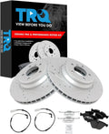 TRQ Performance Front Brake Pad and Rotor Set Ceramic Slotted Drilled G Coated Rotors Wear Sensor Compatible with 2007-2010 BMW 335i 2009-2010 335d 2010 335i xDrive