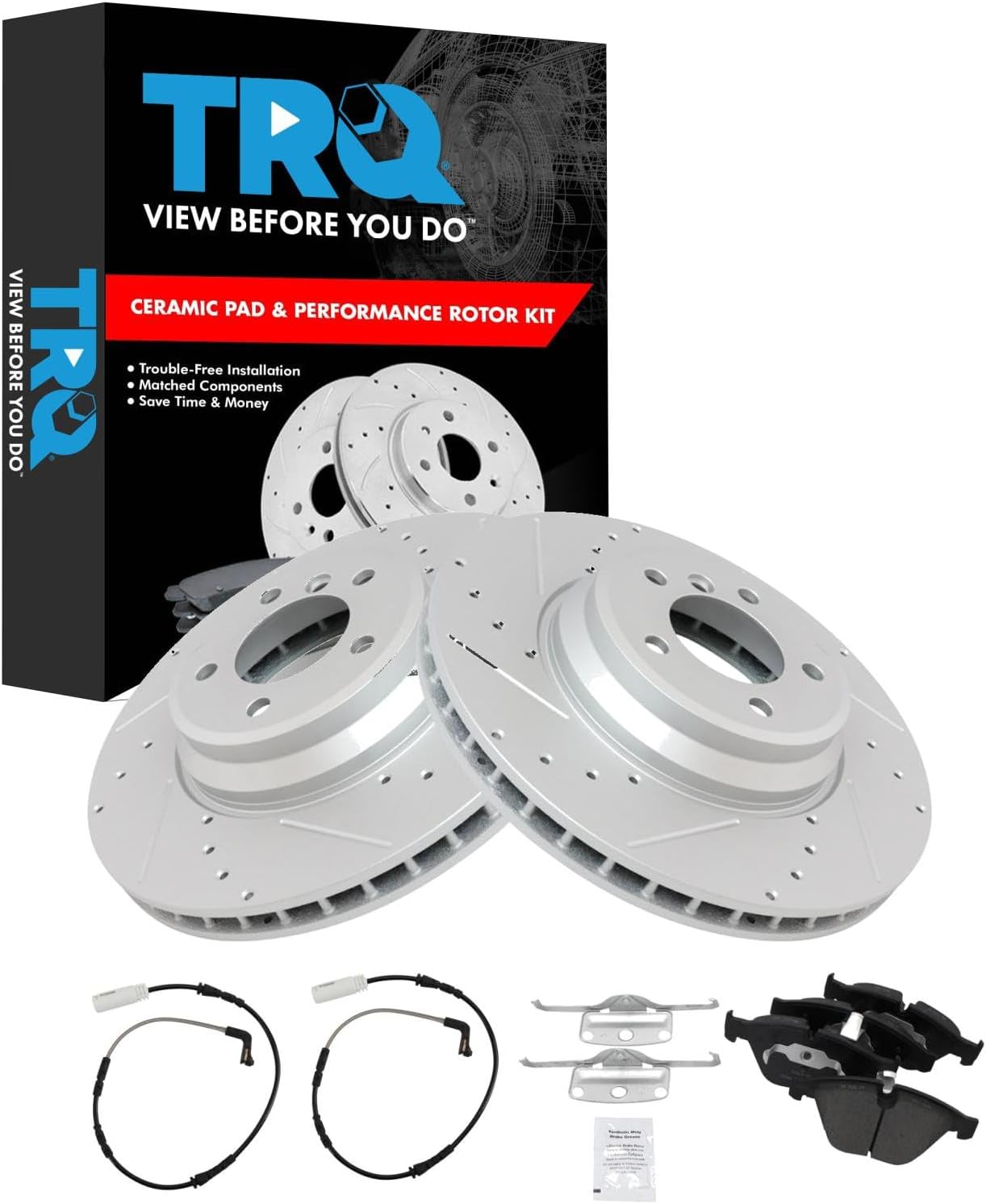TRQ Performance Front Brake Pad and Rotor Set Ceramic Slotted Drilled G Coated Rotors Wear Sensor Compatible with 2007-2010 BMW 335i 2009-2010 335d 2010 335i xDrive
