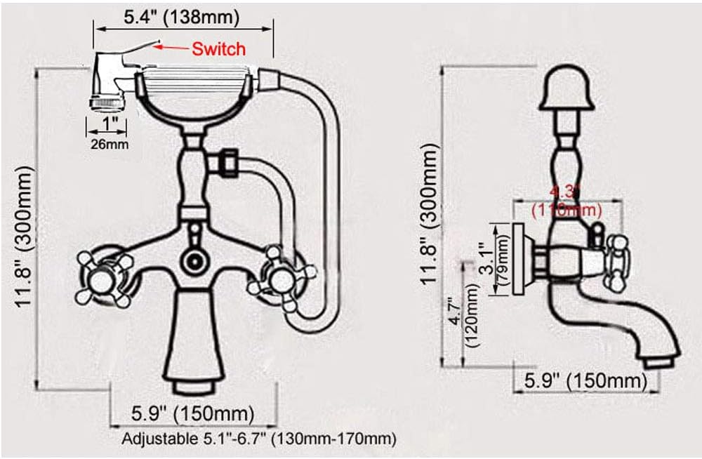 Bathtub Faucet with Cold and Hot Water Wall Mounted Brass Shower Tap Dual Handle Set with Bidet Spray Head, Spout, Gold and Black