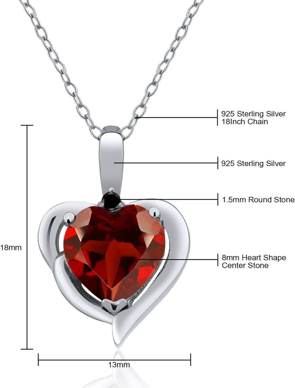 Gem Stone King Heart Shape Pendant Necklace For Women | 925 Sterling Silver | Gemstone Birthstone and Diamond | 8MM Heart Shape and 1.5MM Round Accent | With 18 Inch Silver Chain