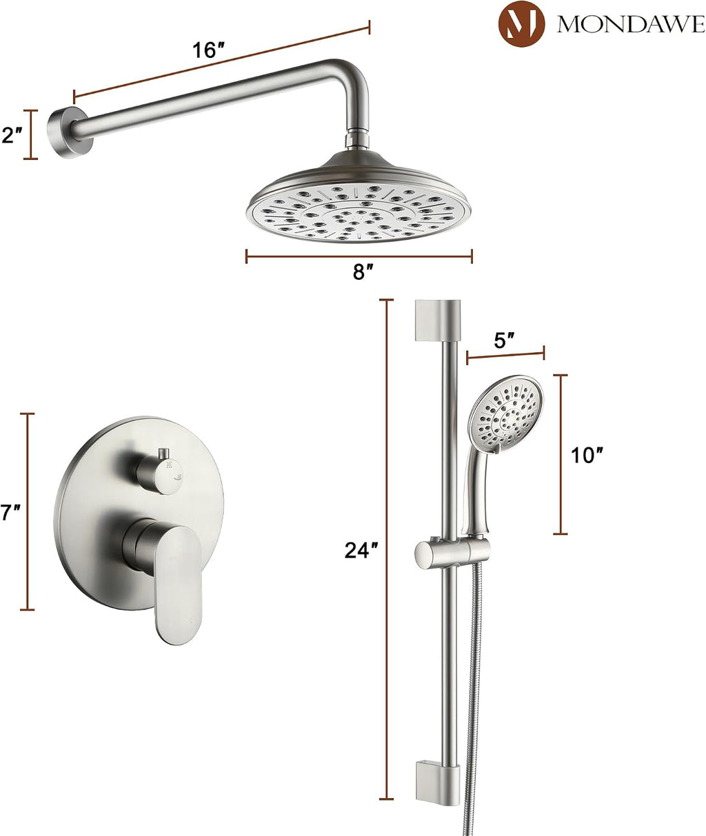 MONDAWE 8 Inch Wall Mounted Shower Faucet Set in Brushed Nickel, Rainfall Shower Head with 3-Setting Handheld Spray Shower Set Combo, High Pressure Shower System with Solid Brass Valve