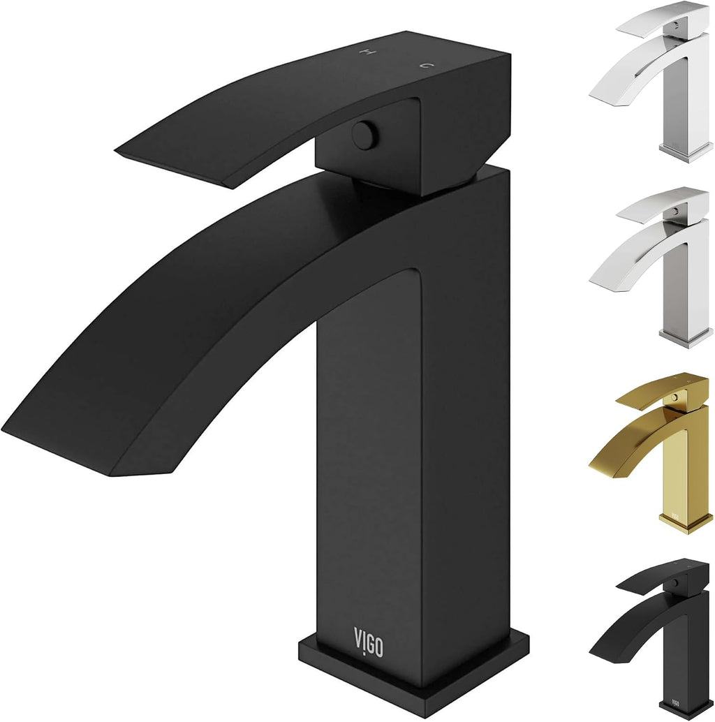 VIGO Satro Waterfall Single-Handle Single-Hole Mount Bathroom Sink Faucet, 7-Inch, Matte Black, Modern Design, Solid Brass, 1.2 GPM WaterSense & Ceramic Disc Valve, Corrosion-Resistant