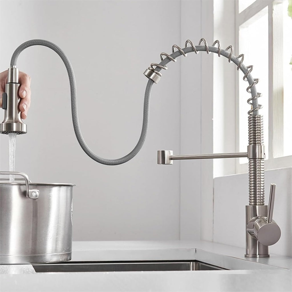 Brass Kitchen Faucet with Pull-Out Spring Spout-Single Lever Hot and Cold Water Mixer Tap(Brushed Nickel)