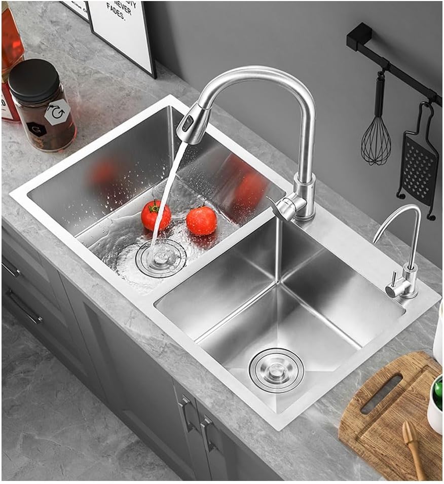 Double Bowl Kitchen Bar Sink, Workstation Sink with Accessories, 304 Stainless Steel Soap Dispenser Cold and Hot Water Faucet (Silver 72x40x22cm)