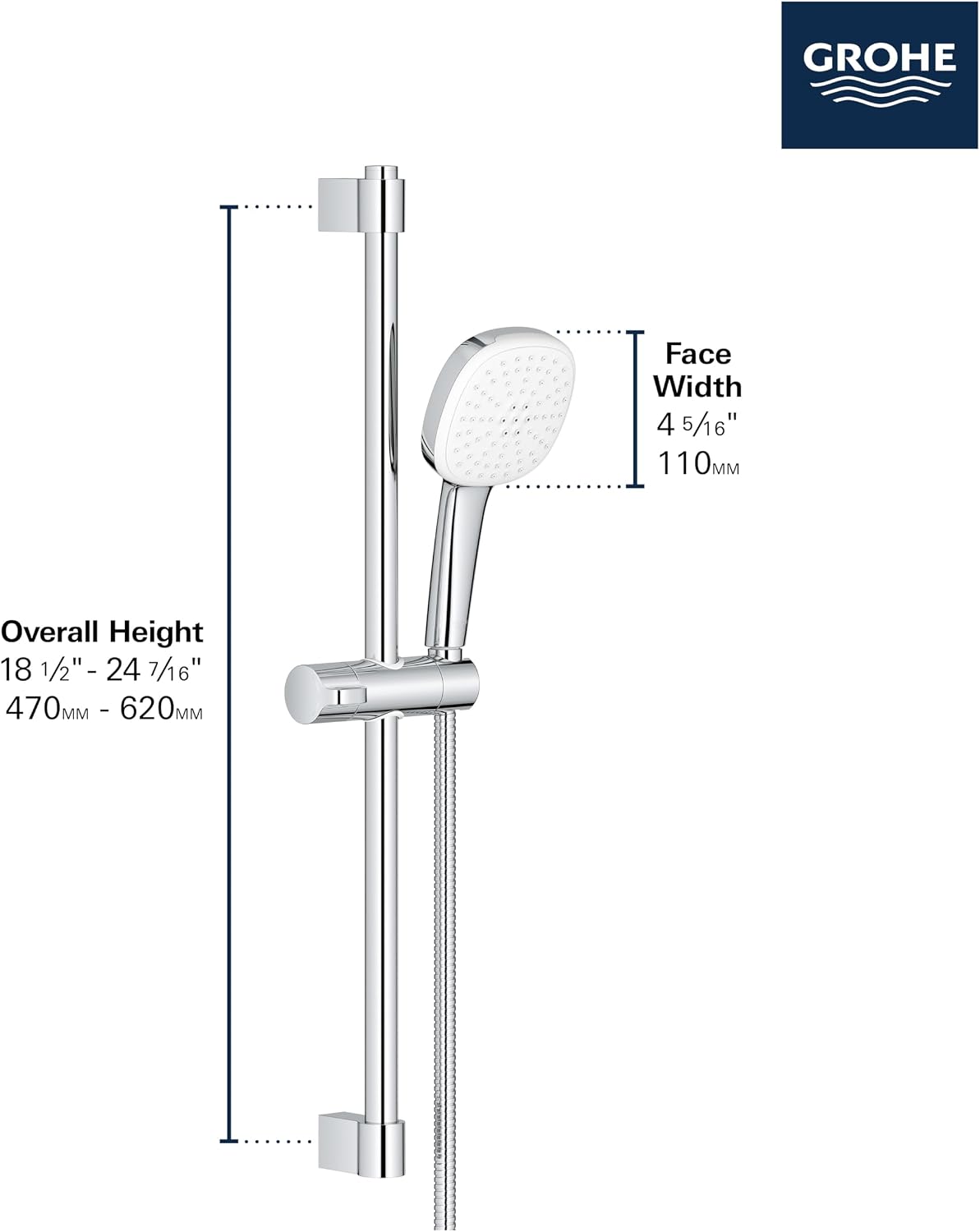 GROHE 267832432 Tempesta 24-Inch Shower Rail Set, 2-Spray, Square, 1.5 GPM, Matte Black