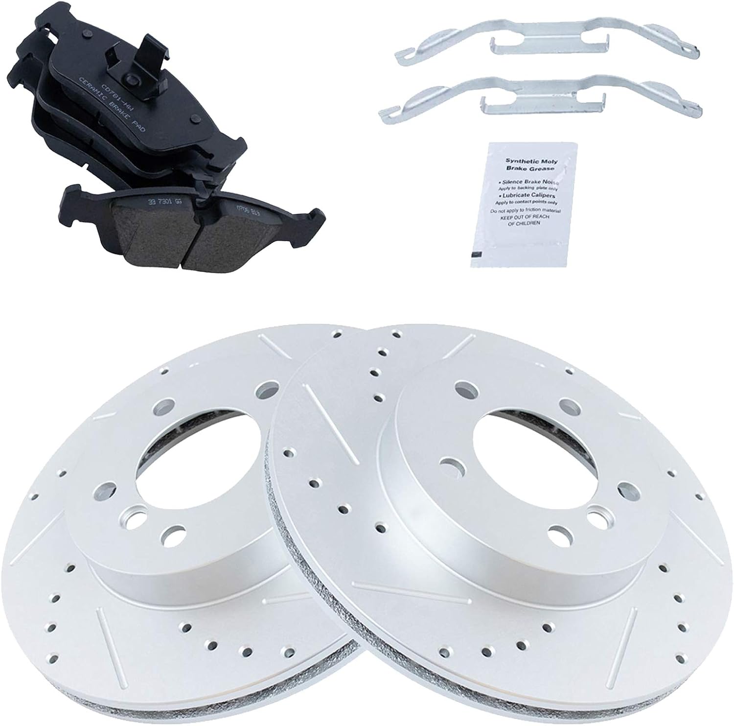 TRQ Performance Front Brake Pad and Rotor Set Ceramic Drilled Slotted Coated Vented Rotors Compatible with 99-00 328i 2000 323Ci 323i 328Ci 01-06 325Ci 01-05 325i 325xi 01-02 Z3 03-05 Z4