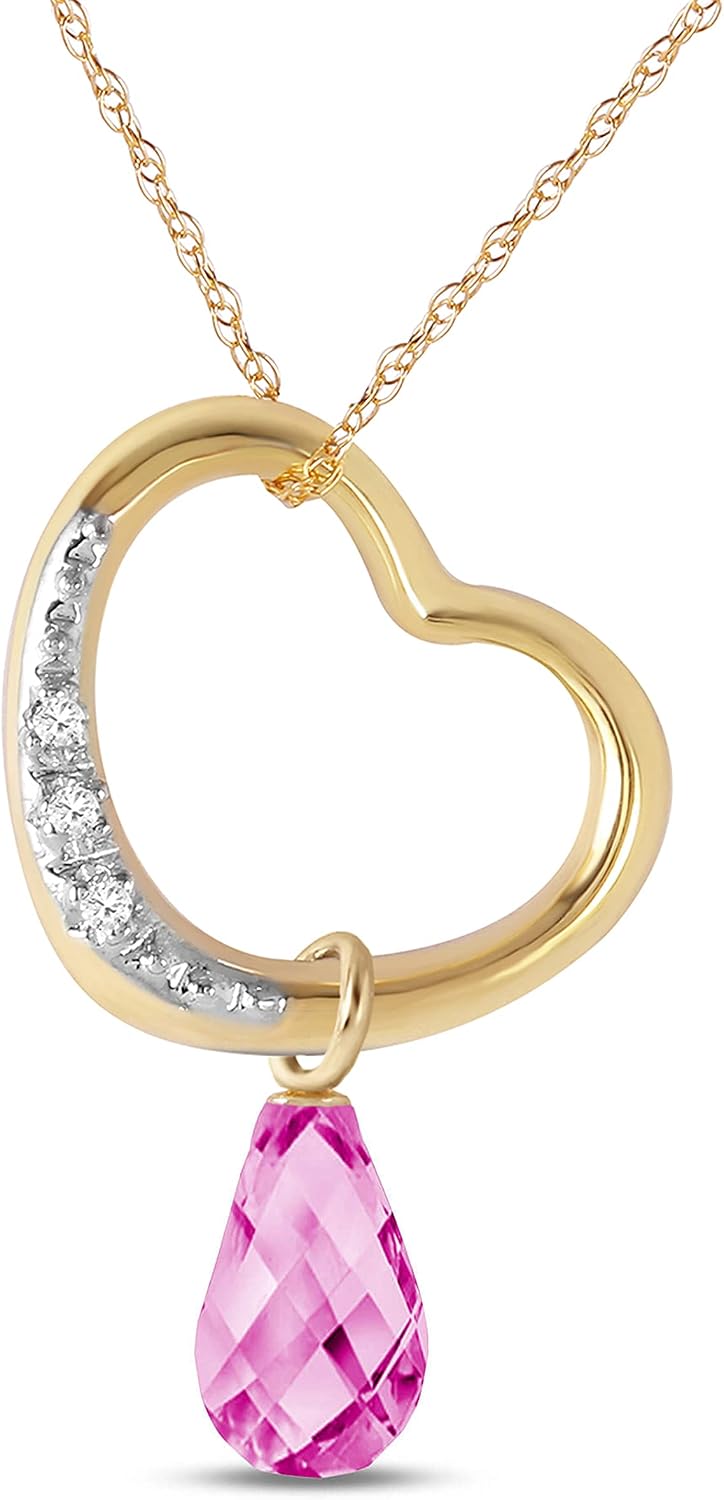 Galaxy Gold GG 14K Gold Open Heart with Genuine Diamond and Pink Topaz Pendant Necklace