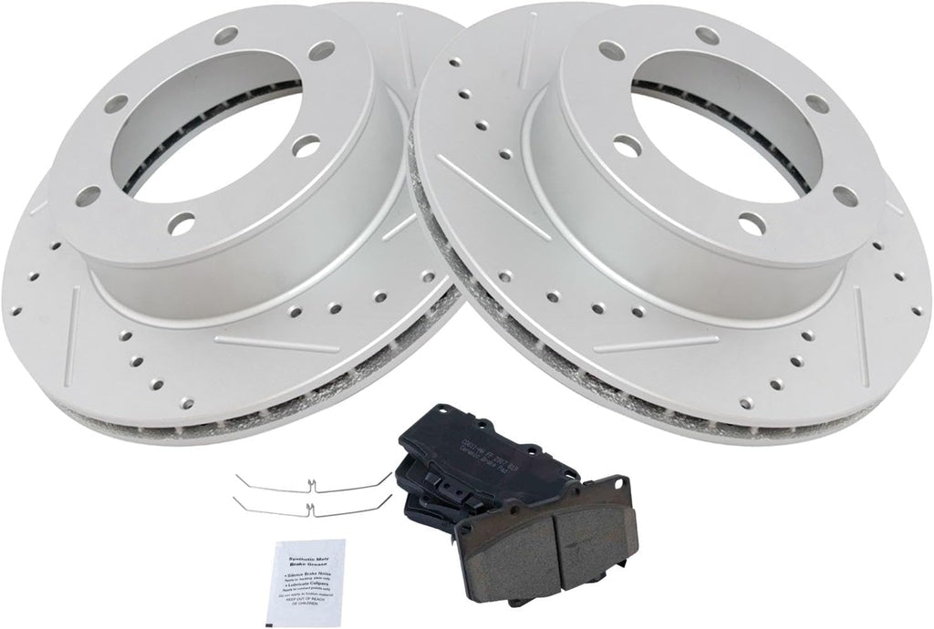 TRQ Performance Front Brake Pad and Rotor Set Ceramic G Coated Drilled Slotted Vented Rotors Compatible with 1996-2000 Toyota 4Runner