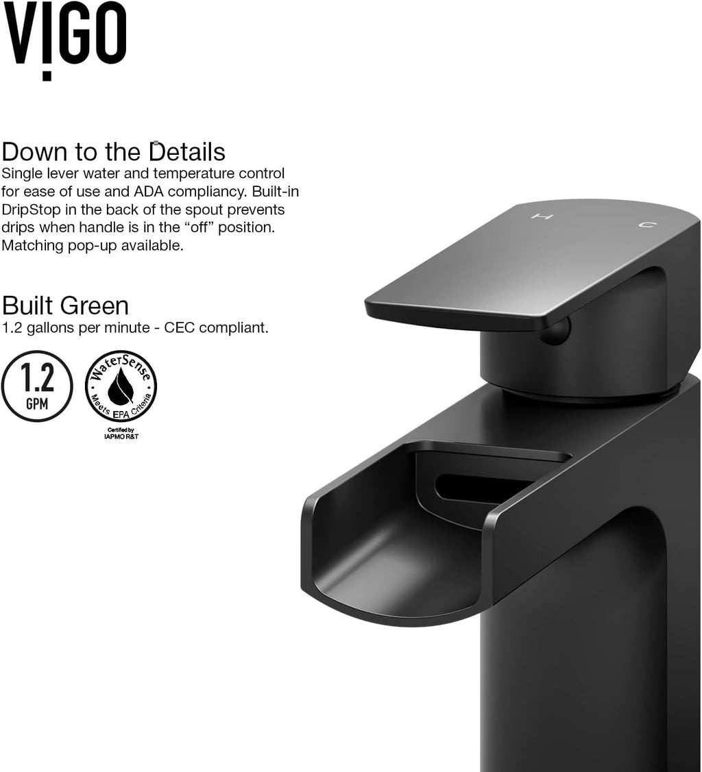 VIGO Amada Waterfall Single-Handle Single-Hole Mount Vessel Bathroom Sink Faucet, 10-Inch, Matte Black, Modern Design, Solid Brass, 1.2 GPM WaterSense & Ceramic Disc Valve, Corrosion-Resistant