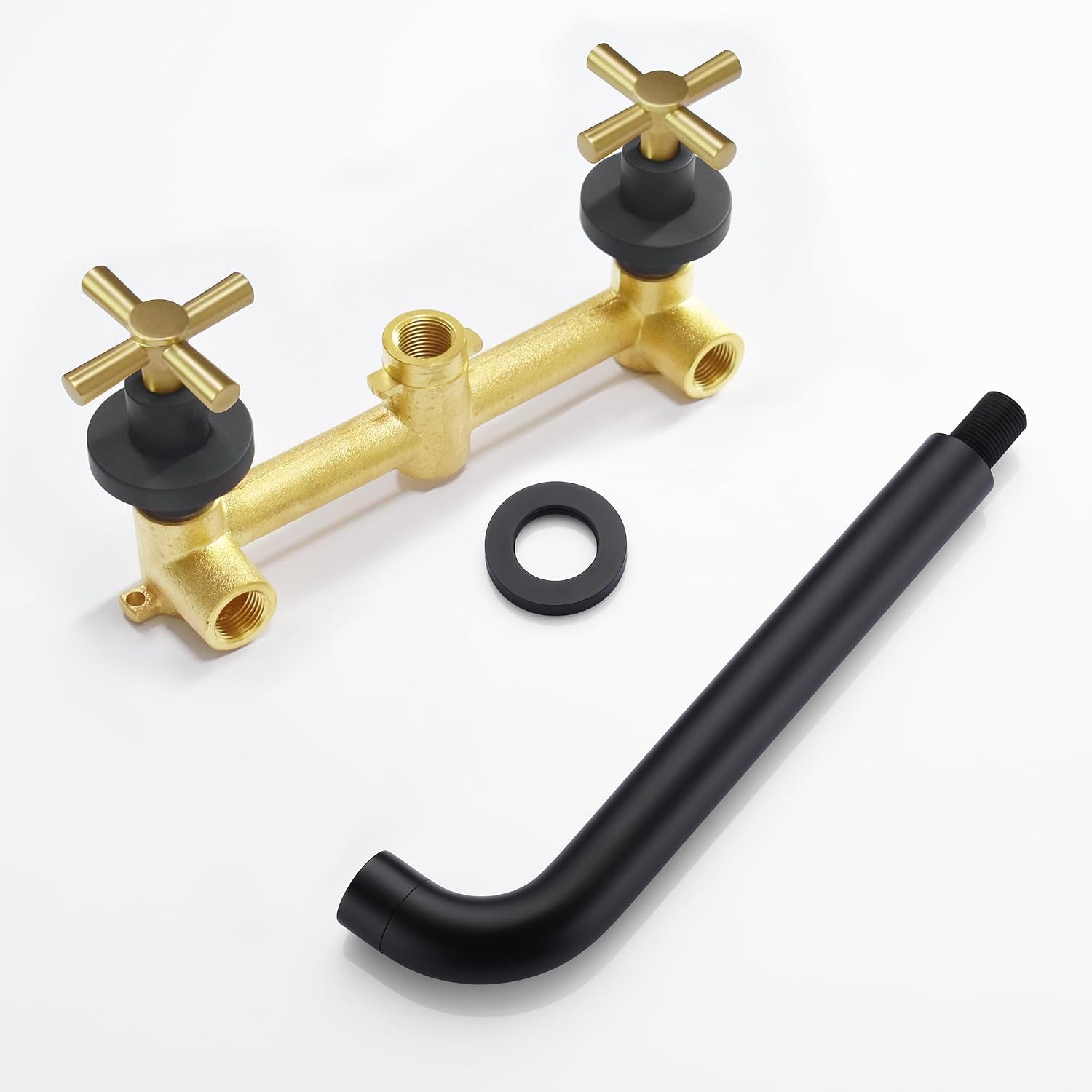 SUMERAIN Wall Mount Tub Faucet with 2 Cross Handles Black and Gold, Long Spout Reach High Flow