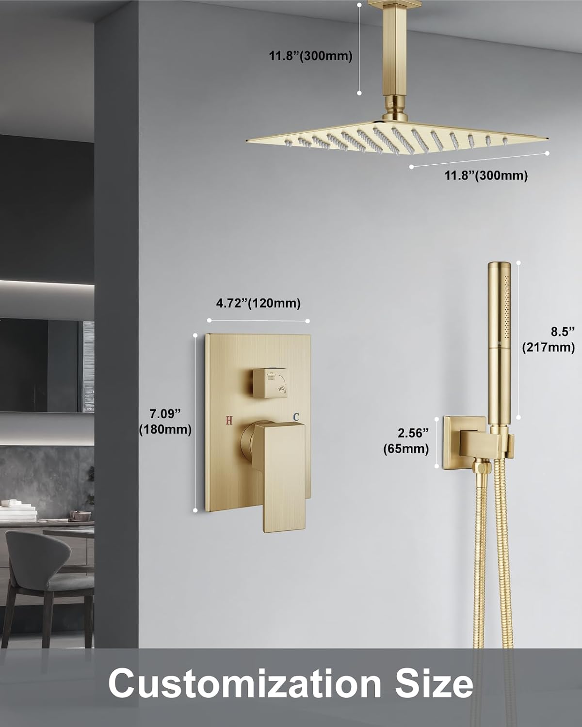 Aolemi Ceiling Mount Shower Faucet Set,Shower System Rain Showerhead and Handheld Spray Combo High-Pressure Showerheads Set with Valve and Trim Kit Rough-in Valve,12 Inch Brushed Gold