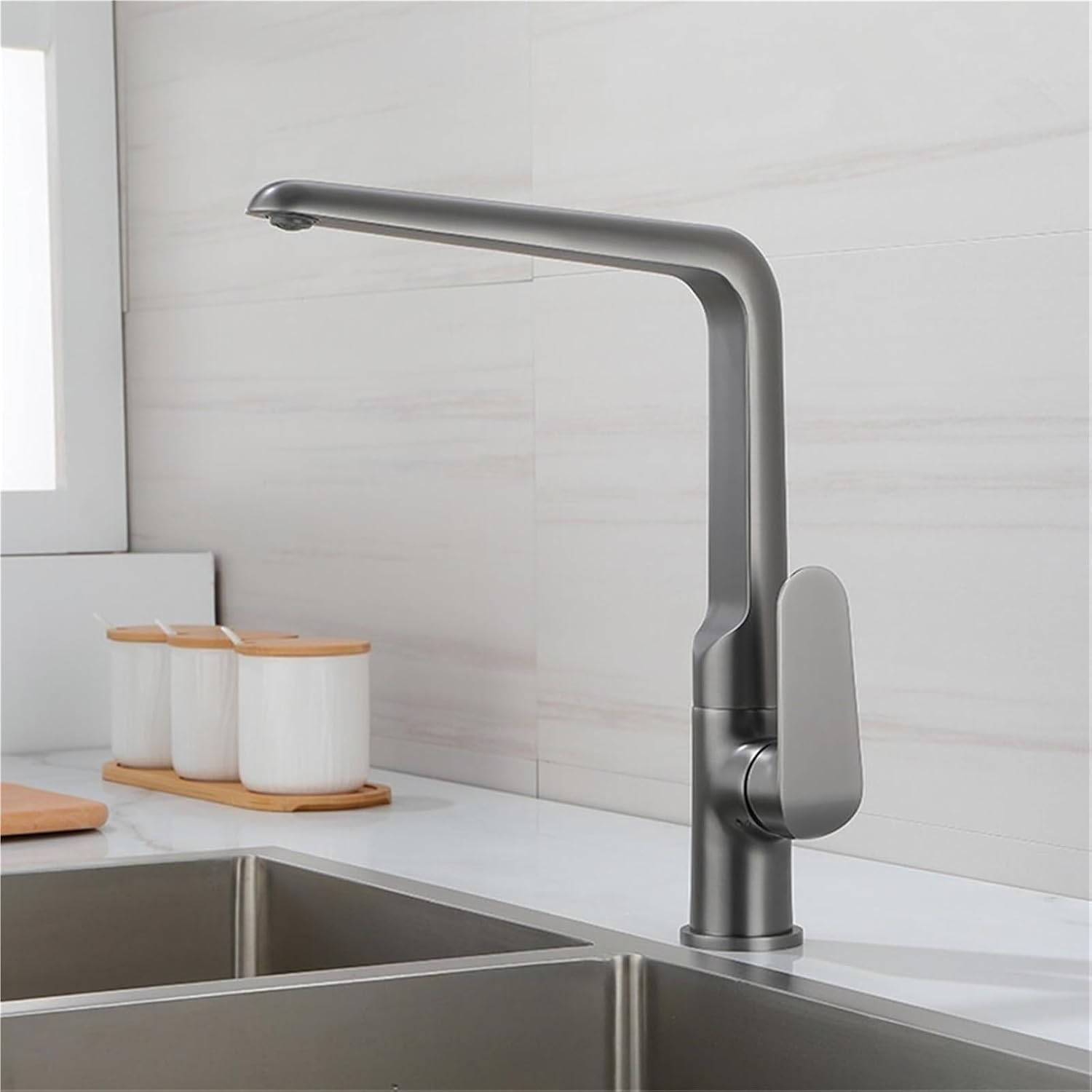 Kitchen Mixer Faucets Sink Taps Hot & Cold Brass Water Crane Single Handle Deck Mount Rotate Faucet(Gray)