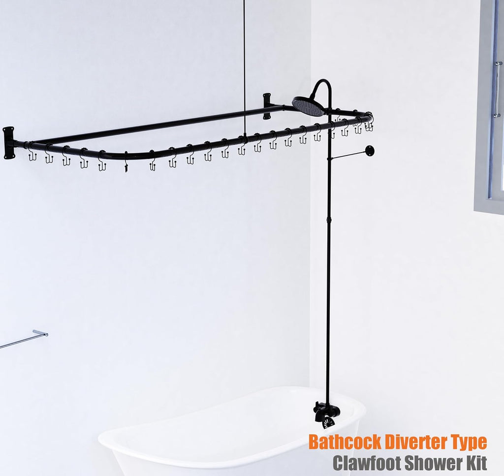 Clawfoot Tub Shower Kit,Add On Shower With Bathcock Diverter Faucet and 60' D Type Claw foot Tub Shower Curtain Rod Kit,D-Style Shower Rod and Clawfoot Tub Shower Faucet Set,Matte Black