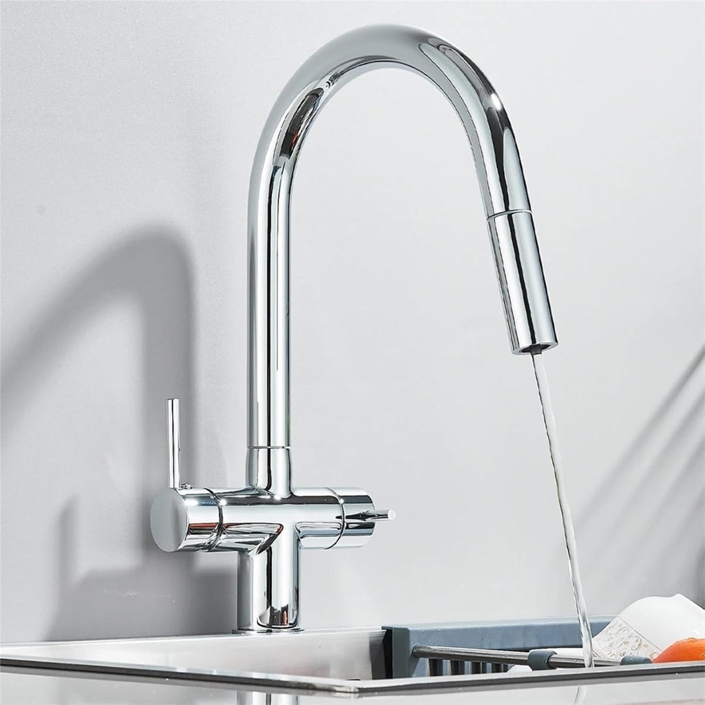 Kitchen Faucet Pure Water Pull Out 360 Rotation Hot and Cold Water Mixer Tap Dual Handle Deck Mounted Sink Crane(Chrome)