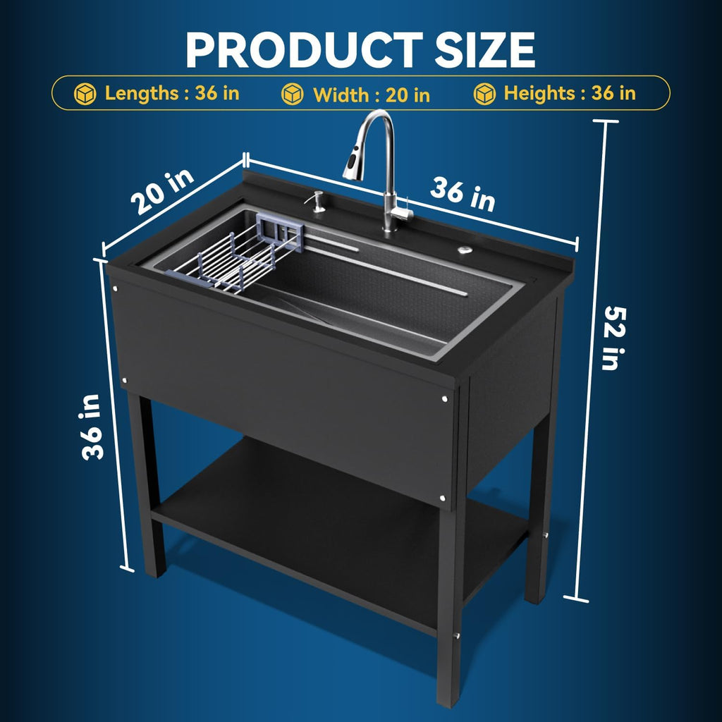36' Freestanding Utility Sink, Heavy Duty Stainless Steel Laundry Room Sink for Garage, Outdoor Kitchen or Workshop, Modern Black Basin with Hot & Cold Water, Indoor/Outdoor Use (Black)