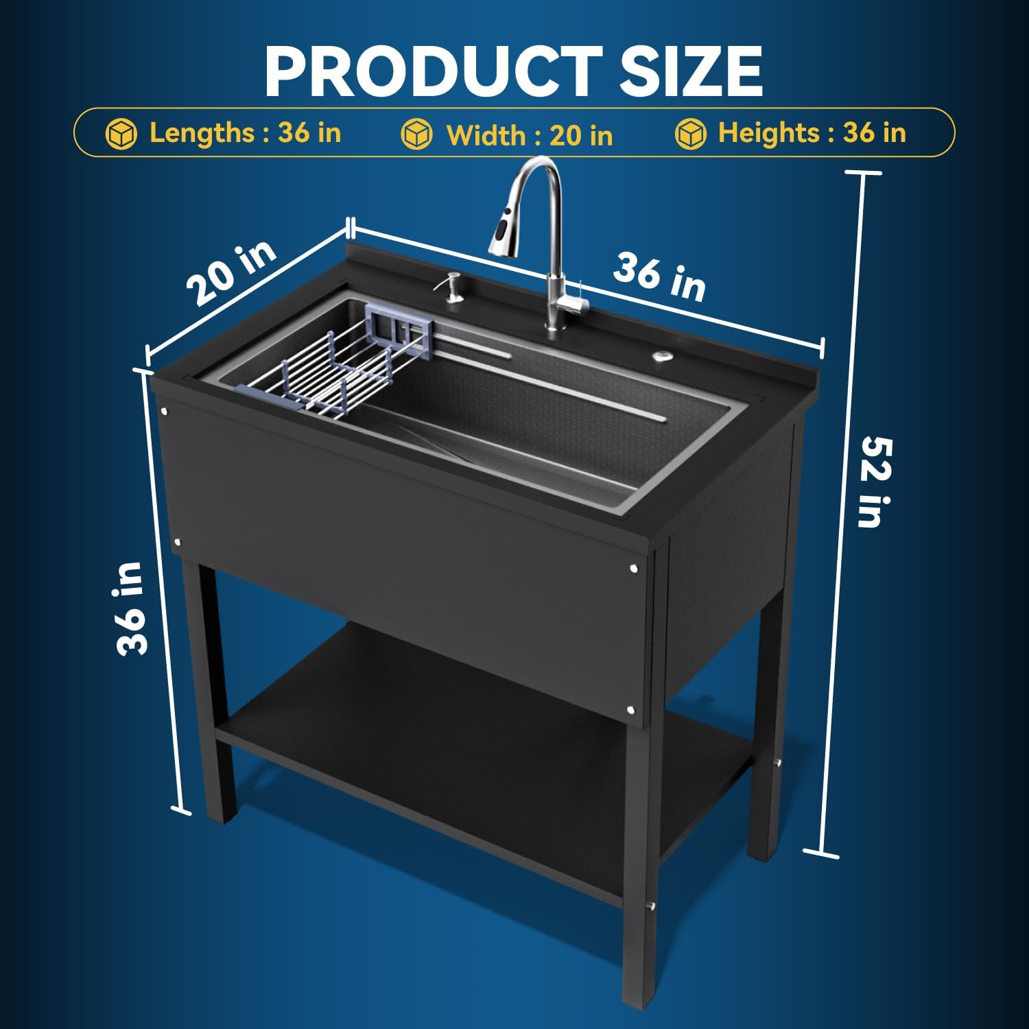36' Freestanding Utility Sink, Heavy Duty Stainless Steel Laundry Room Sink for Garage, Outdoor Kitchen or Workshop, Modern Black Basin with Hot & Cold Water, Indoor/Outdoor Use (Black)