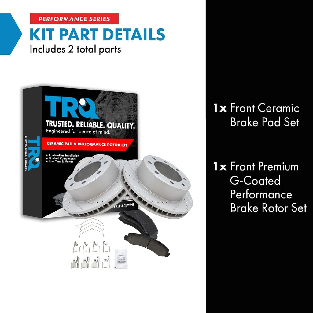 TRQ Performance Front Brake Pad and Rotor Set Ceramic Drilled Slotted G Coated Vented Rotors Compatible with 2000-2005 Ford Excursion 2000-2004 F-250 Super Duty F-350 Super Duty
