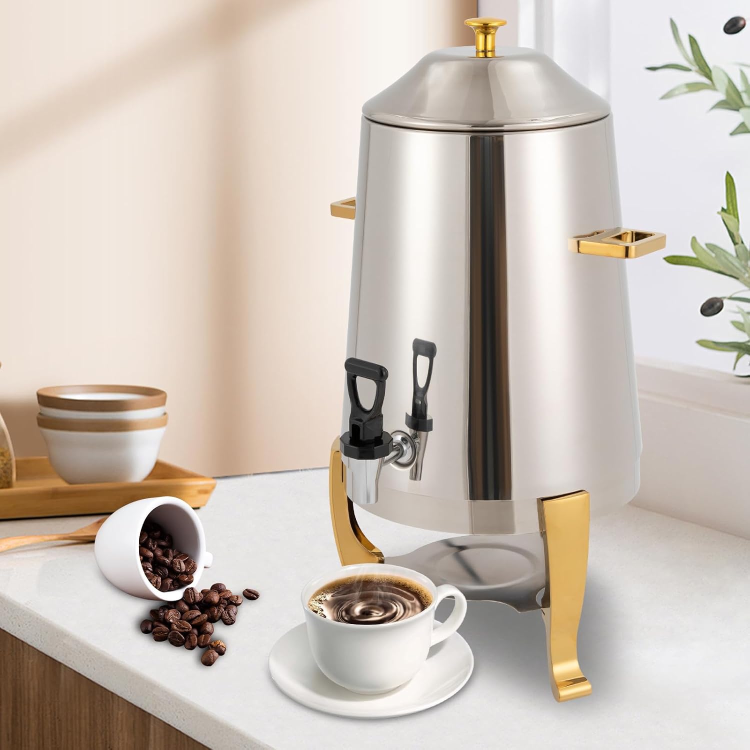 Hot Beverage Dispenser Chafer Urn with Fuel Holder, 13L Stainless Steel Tea Water Coffee Chafer Urn Drinks Dispensers Can with Faucet for Party Buffet Catering, Gold
