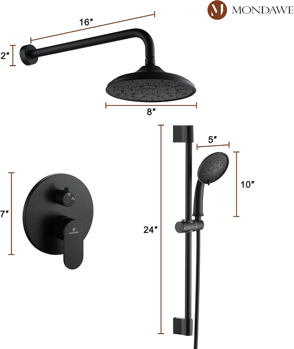 MONDAWE 8 Inch Wall Mounted Shower Faucet Set in Matte Black, Rainfall Shower Head with 3-Setting Handheld Spray Shower Set Combo, High Pressure Shower System with Solid Brass Valve