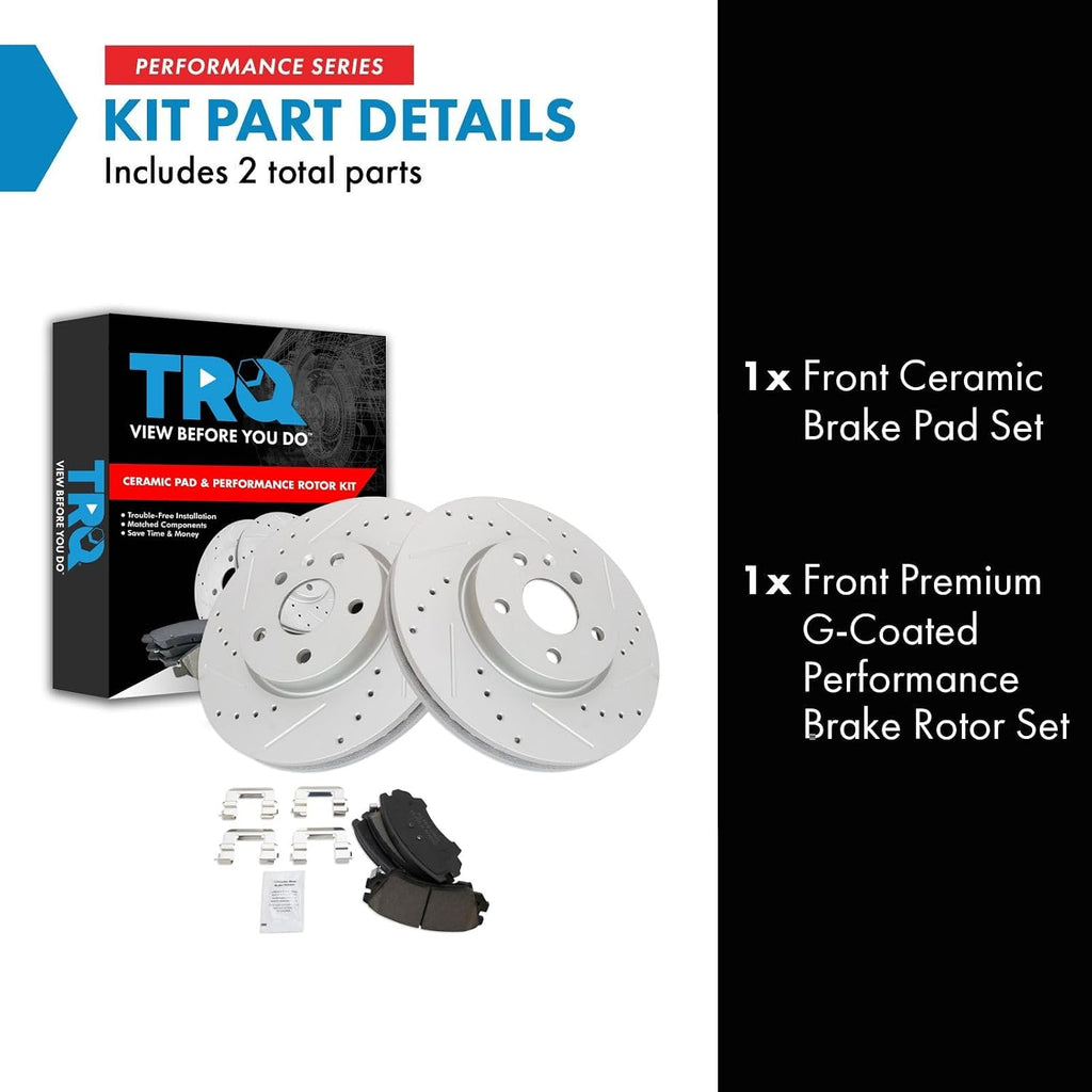 TRQ Performance Front Brake Pad and Rotor Set Ceramic Drilled Slotted G Coated Rotors Compatible with 2010-2015 Chevrolet Camaro