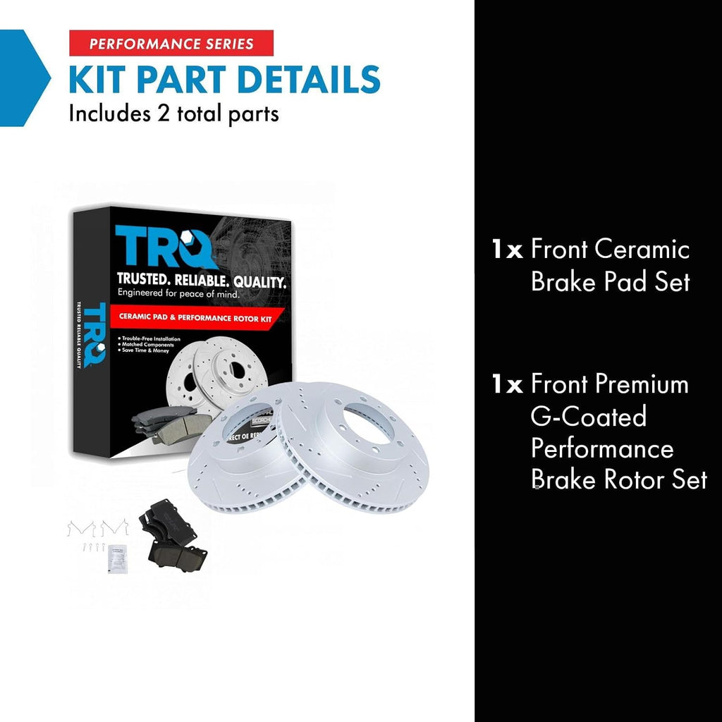 TRQ Performance Front Brake Pad and Rotor Set Ceramic Coated Drilled Slotted Vented Rotors Compatible with 2003-2009 Toyota 4Runner 2007-2014 FJ Cruiser 2005-2022 Tacoma