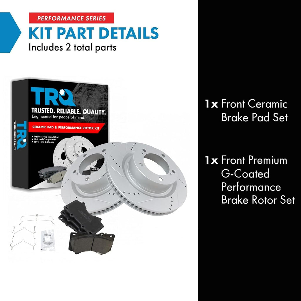 TRQ Performance Front Brake Pad and Rotor Set Ceramic G Coated Drilled Slotted Vented Rotors Compatible with 2016-2021 Lexus LX570 Land Cruiser 2008-2021 Sequoia 2007-2021 Tundra