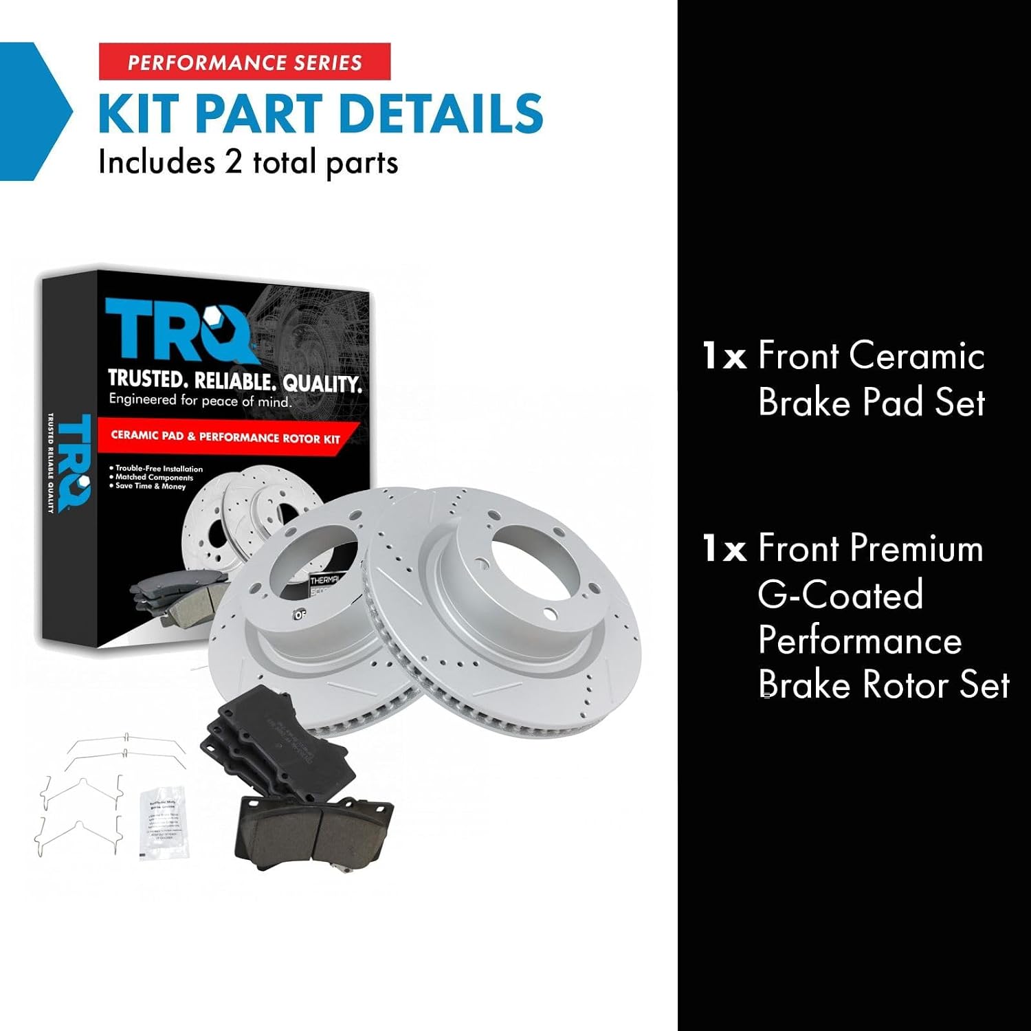 TRQ Performance Front Brake Pad and Rotor Set Ceramic G Coated Drilled Slotted Vented Rotors Compatible with 2016-2021 Lexus LX570 Land Cruiser 2008-2021 Sequoia 2007-2021 Tundra
