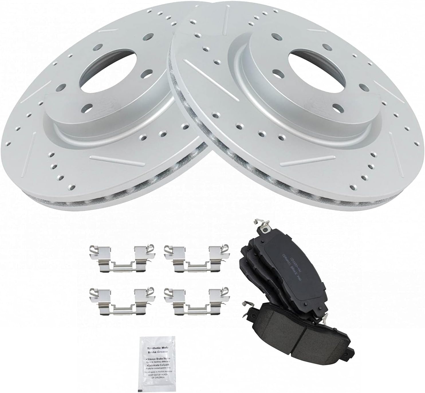 TRQ Front Brake Pad and Rotor Kit Ceramic Performance Slotted Drilled Vented Rotors G-Coated Compatible with 2013-2023 Nissan Altima