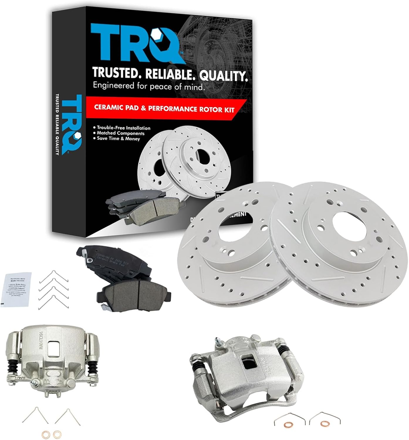 TRQ Performance Front Brake Pad and Rotor Set Ceramic Vented Coated Slotted Drilled Rotors Calipers Compatible with 2002-2006 Acura RSX