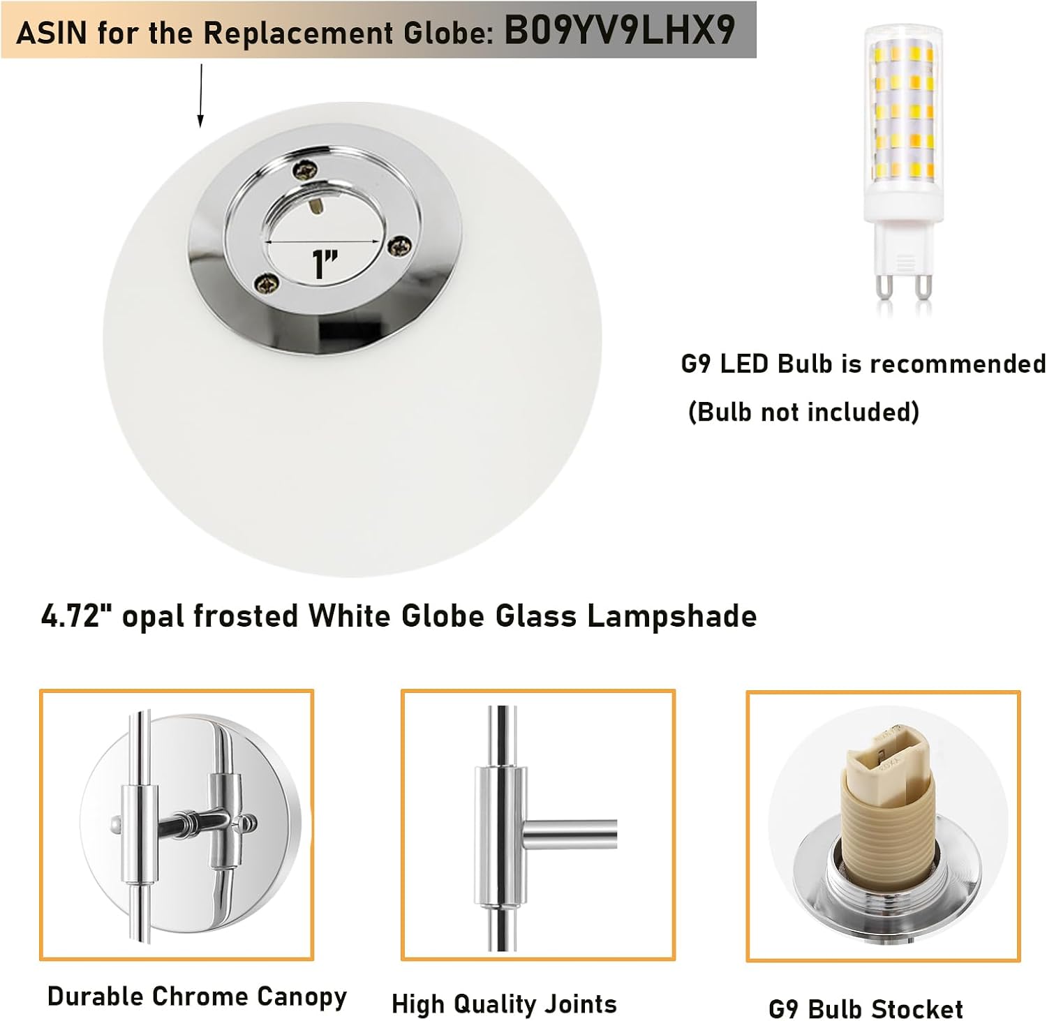 BYOLIIMA Modern Wall Sconce Set of 2 White Globe Glass Shades Mid Century Bathroom Vanity Wall Light Fixtures Industrial Wall Lamp for Bedroom Mirror Living Room Restaurant (Chrome Color)