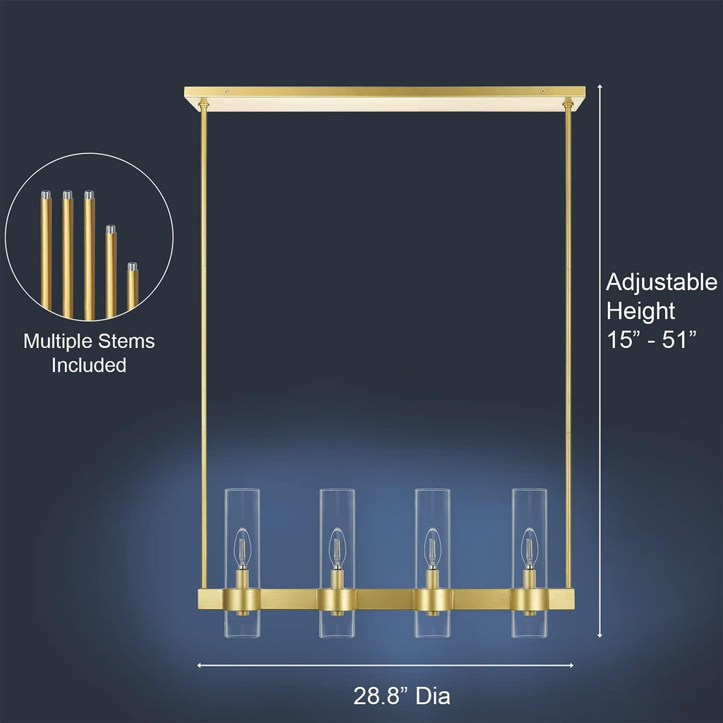 Linea di Liara Teramo Satin Brass Kitchen Island Lighting - Modern Farmhouse Rectangle Dining Room Light Fixtures - 30 inch 4 Light Linear Chandelier