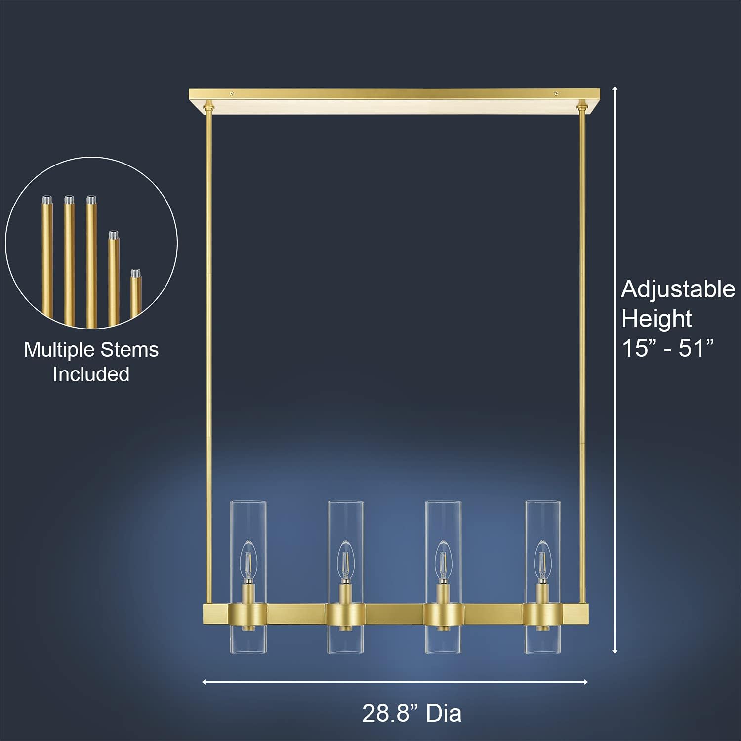 Linea di Liara Teramo Satin Brass Kitchen Island Lighting - Modern Farmhouse Rectangle Dining Room Light Fixtures - 30 inch 4 Light Linear Chandelier