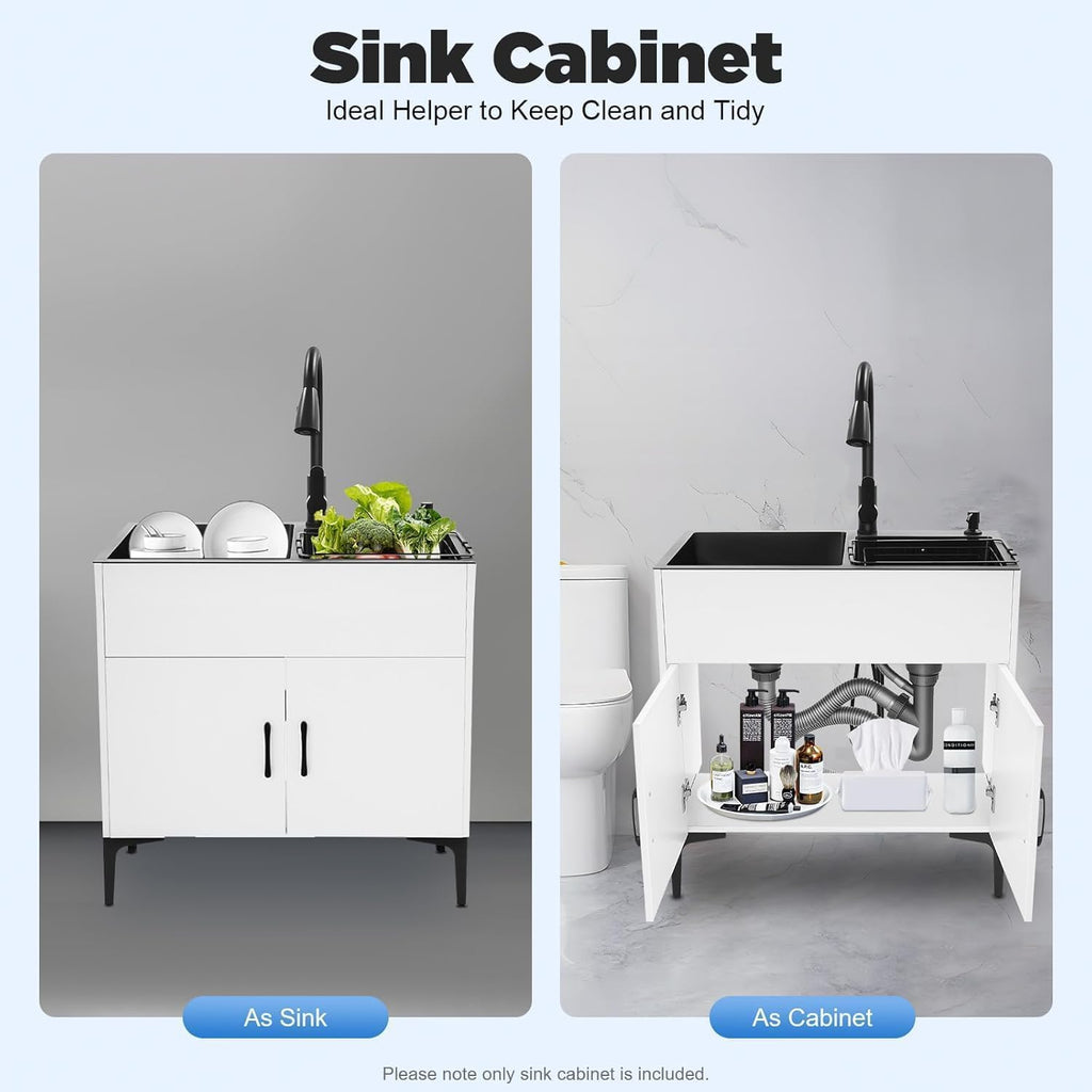 30-Inch Laundry Sink with Cabinet and Pull-Out Sprayer Fauce, Freestanding Kitchen Sink Cabinet w/Stainless Steel Double Sink & Draining Basket, Wash Station Tub for Laundry & Utility Room, Bathroom