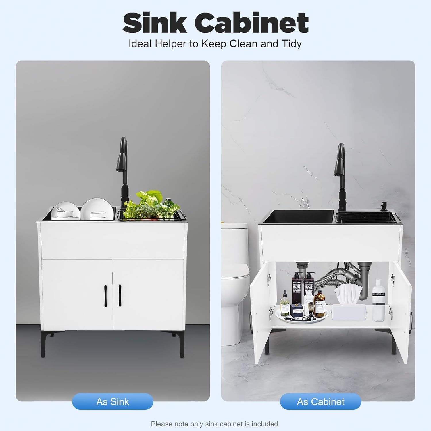 30-Inch Laundry Sink with Cabinet and Pull-Out Sprayer Fauce, Freestanding Kitchen Sink Cabinet w/Stainless Steel Double Sink & Draining Basket, Wash Station Tub for Laundry & Utility Room, Bathroom