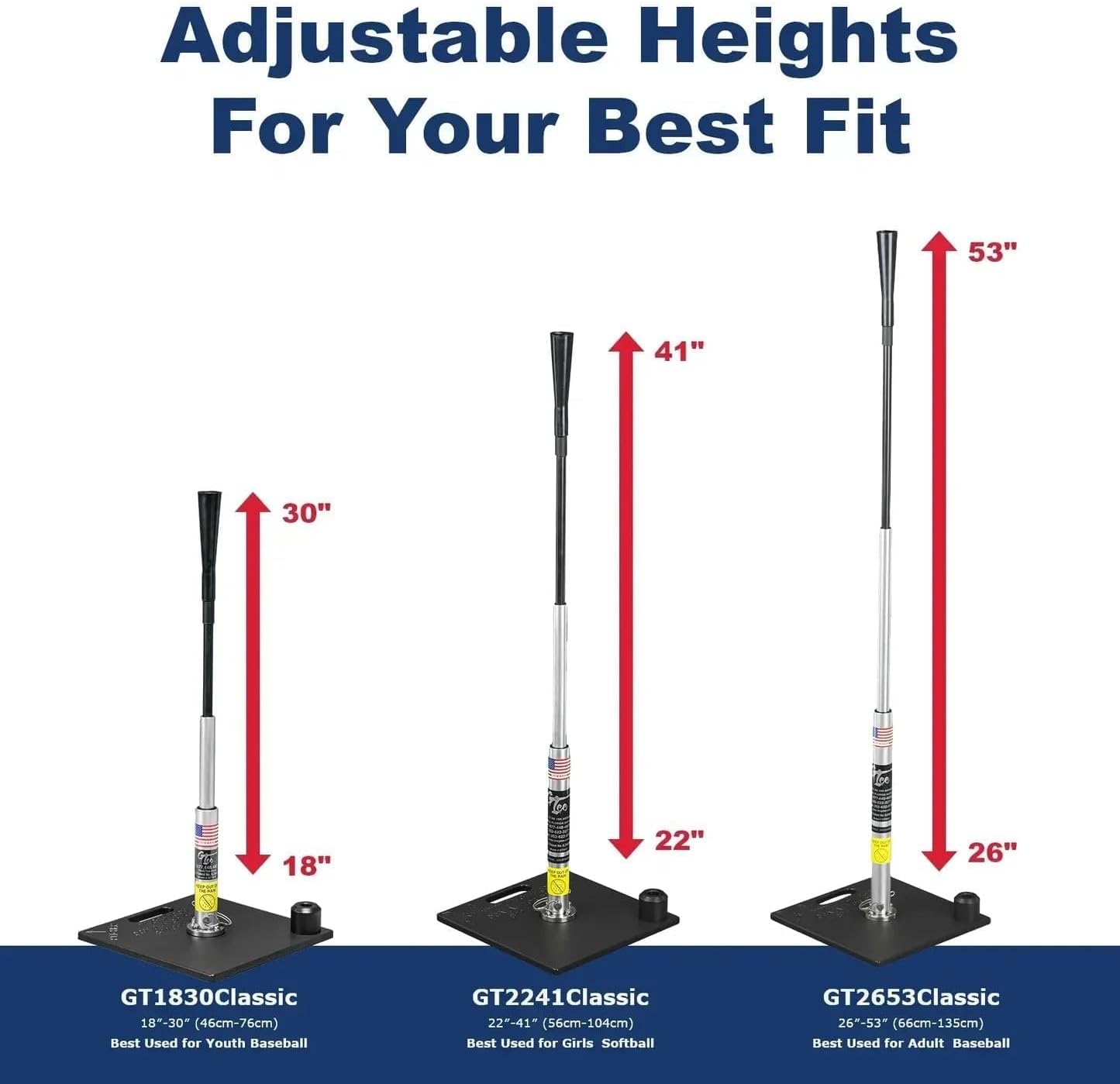 G Tee Classic Baseball/Softball Batting Tee Adjustable | Flexible Rubber Cup & Stainless Steel Aluminum Base | Best Tee for All Ages | Used by Pros | Made in USA 2 Year Warranty