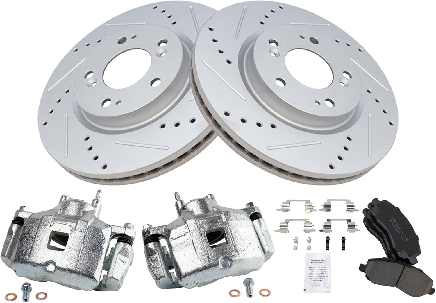 TRQ Performance Front Brake Pad and Rotor Set Ceramic Coated Drilled Slotted Rotors Calipers Compatible with 2008-2011 Mitsubishi Lancer 2007-2017 Outlander 2011-2016 Outlander Sport