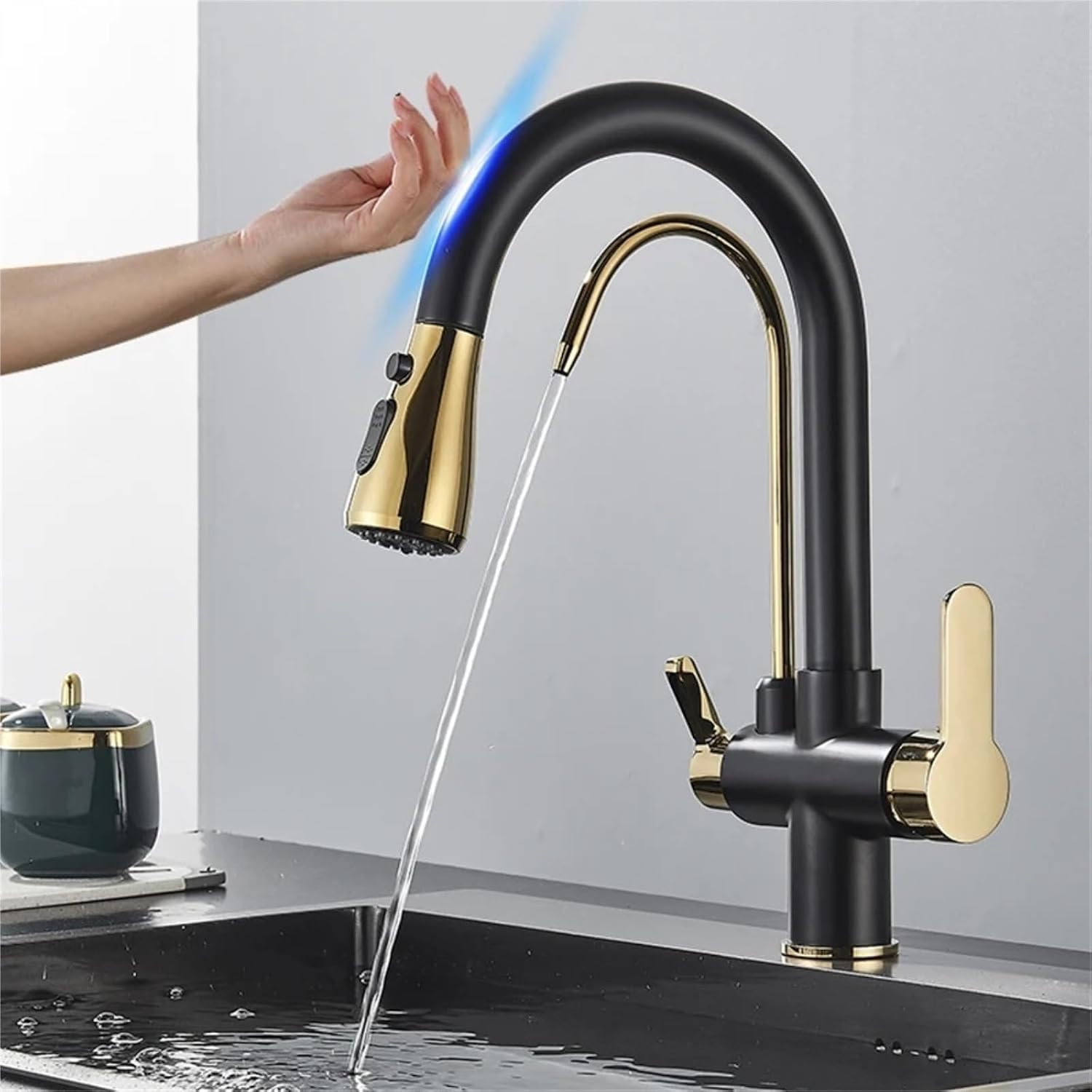 Smart Sensor Pure Water Kitchen Faucet 2 Model Spout Taps Deck Mount Daul Handle Filtered Cold Hot Water Mixer(Black Gold)